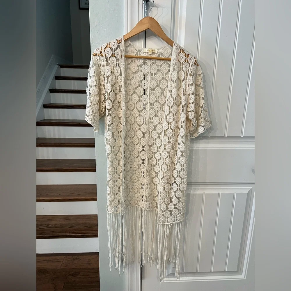 Rebellion Cotton Fringe Open Front Cardigan Kimono Boho Festival XS Cream